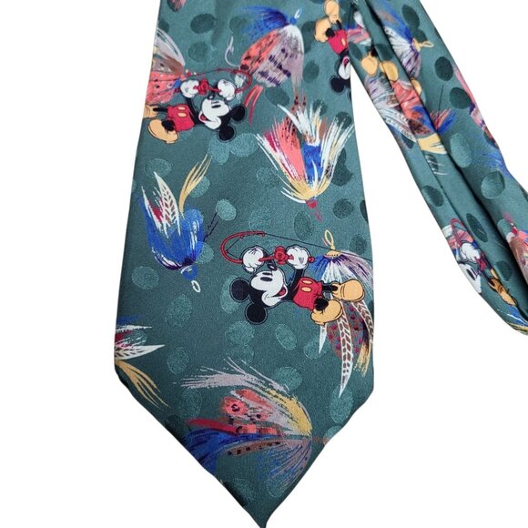 Mickey Mouse Fly Fishing Silk Neck Tie Green Outdoors - Picture 2 of 3
